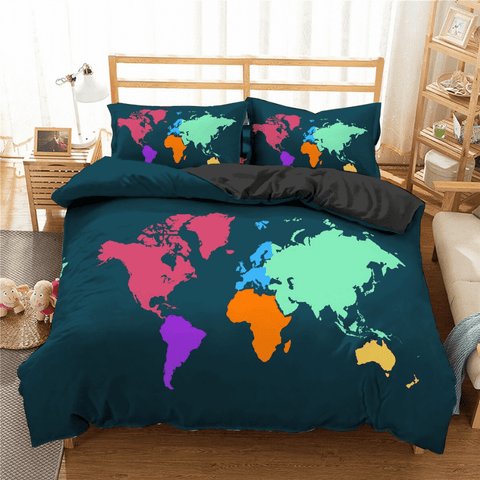 Housse de couette carte du monde multicolore.