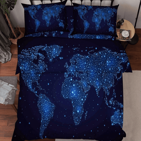 Housse de couette carte du monde nuit étoile.