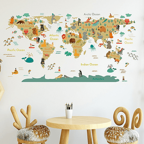 Sticker carte du monde enfant animaux.