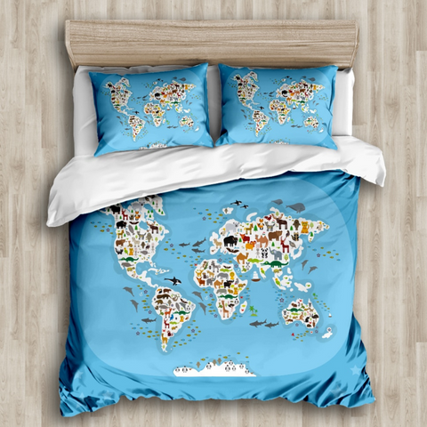 Parure de lit motif carte du monde enfant.