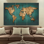 Tableau carte du monde déco vert et doré.