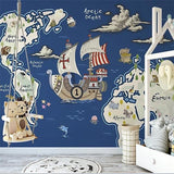 Papier peint carte du monde enfant bleu bateau.