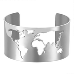 Bracelet carte du monde manchette argenté.