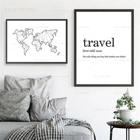 Carte du monde noir et blanc voyage travel.
