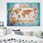 Tableau carte du monde mer coquillages.