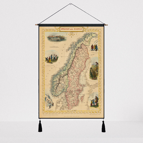 Toile carte du monde vintage norvege et suede. 
