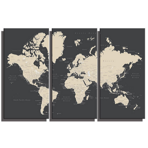 Carte du Monde Triptyque en Tableau
