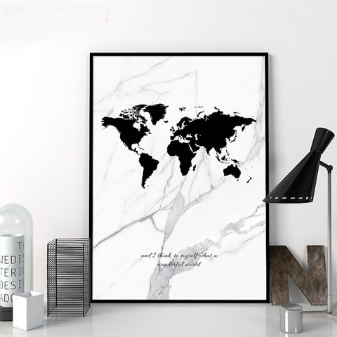 Poster Carte du Monde Noir et Blanc Design Marbre