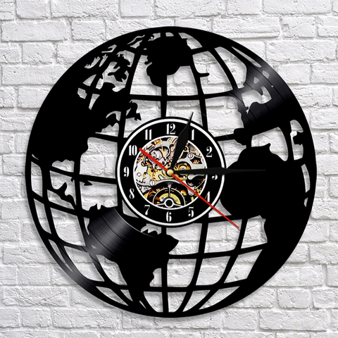 Horloge Carte du Monde Noire Design Vinyle Recyclés